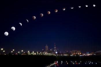 The lunar phases of the moon, shown altogether in the night sky.