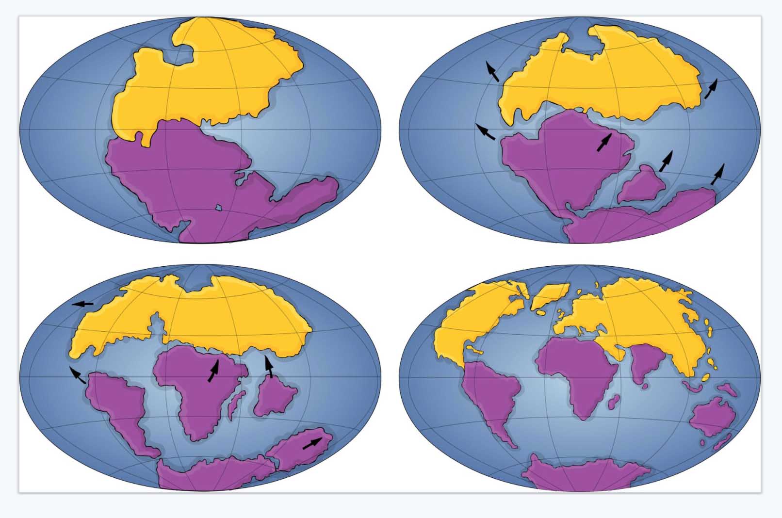 Maps like these show the Earth in different eras and how plate tectonics have shifted continents and ocean basins over time.