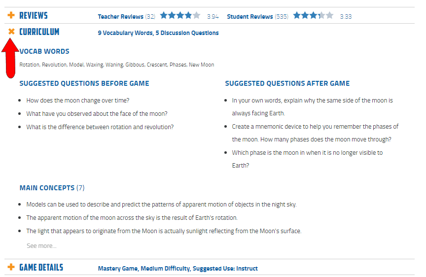 View curriculum details for each game before using it for enrichment.