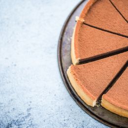 brown colored pie cut up into even slices on a display plate
