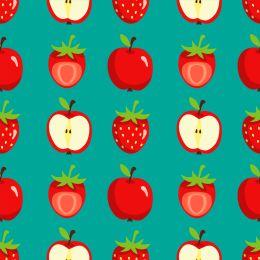 visual of apples and strawberries in a green background where some are cut in half