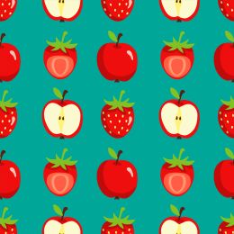 visual of apples and strawberries in a green background where some are cut in half