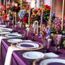 fancy dining table with purple cover