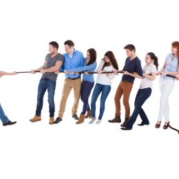 7 adults on a team playing tug-of-war