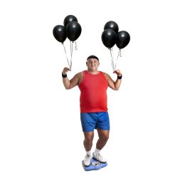 man in a red shirt holding black balloons on a scale