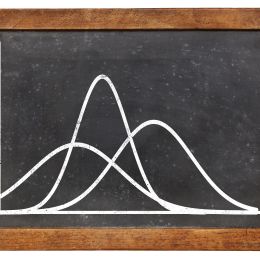 3 bell curves showing different data curves on a black chalkboard