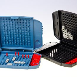 two battleship boards in black and blue on a white surface