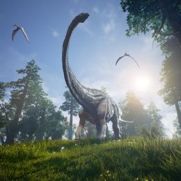 Brachiosaurus dinosaur standing in a clearing with pterodactyls flying