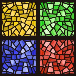stained glass window with red green blue and yellow sections with geometric patterns