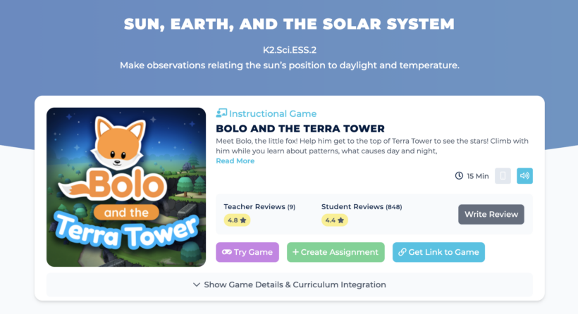 Bolo and the Terra Tower Game Card on Legends of Learning Teacher Site