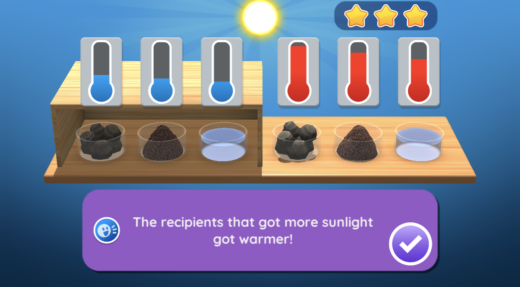 Bolo gameplay showing the affect of the Sun on the temperature of objects on Earth