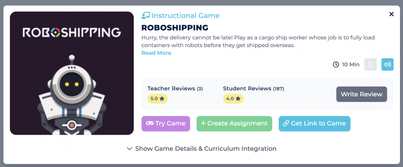 Description and ratings for the game Roboshipping on the Legends of Learning platform.