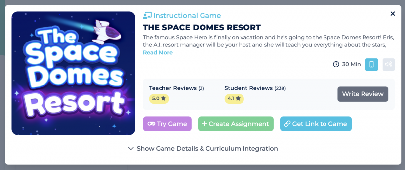 Game card for Space Domes Resort