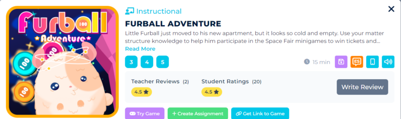science classroom game from Legends of Learning Furball Adventure