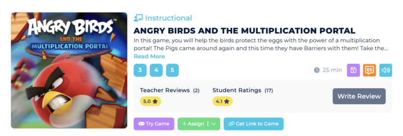 Game card for Angry Birds and the Multiplication Portal on Legends of Learning