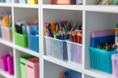 Organized school supplies in a white shelving unit for back-to-school classroom setup