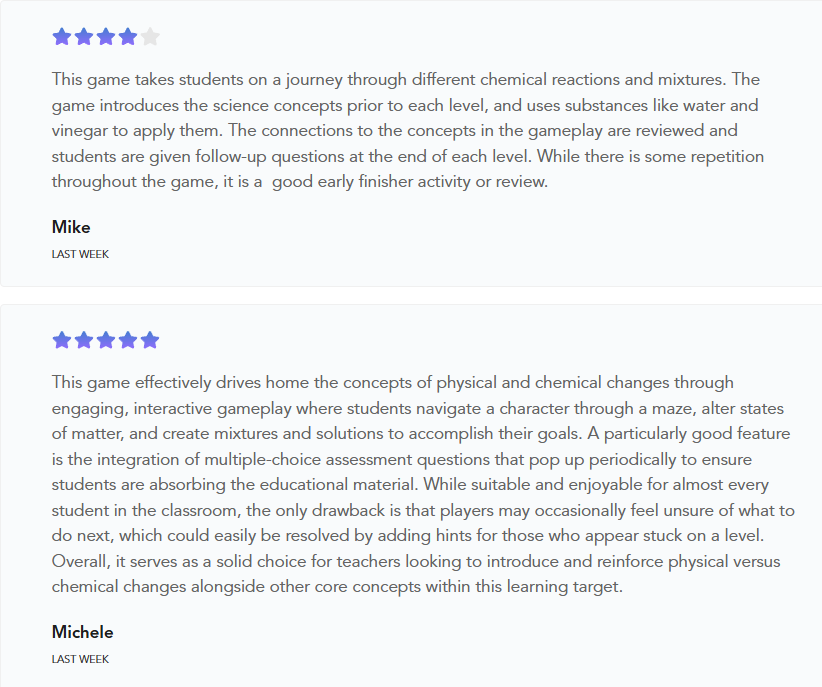 Teacher and student reviews for Matter Lab
